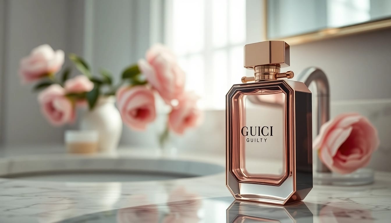 Captivating gucci guilty perfume bottle adorned with pink peonies on marble, radiating elegance.