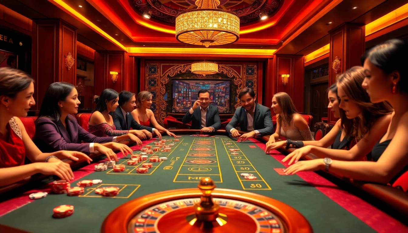 Players enjoying a dynamic game at the VUA99 casino table, surrounded by vibrant chips and luxury decor.