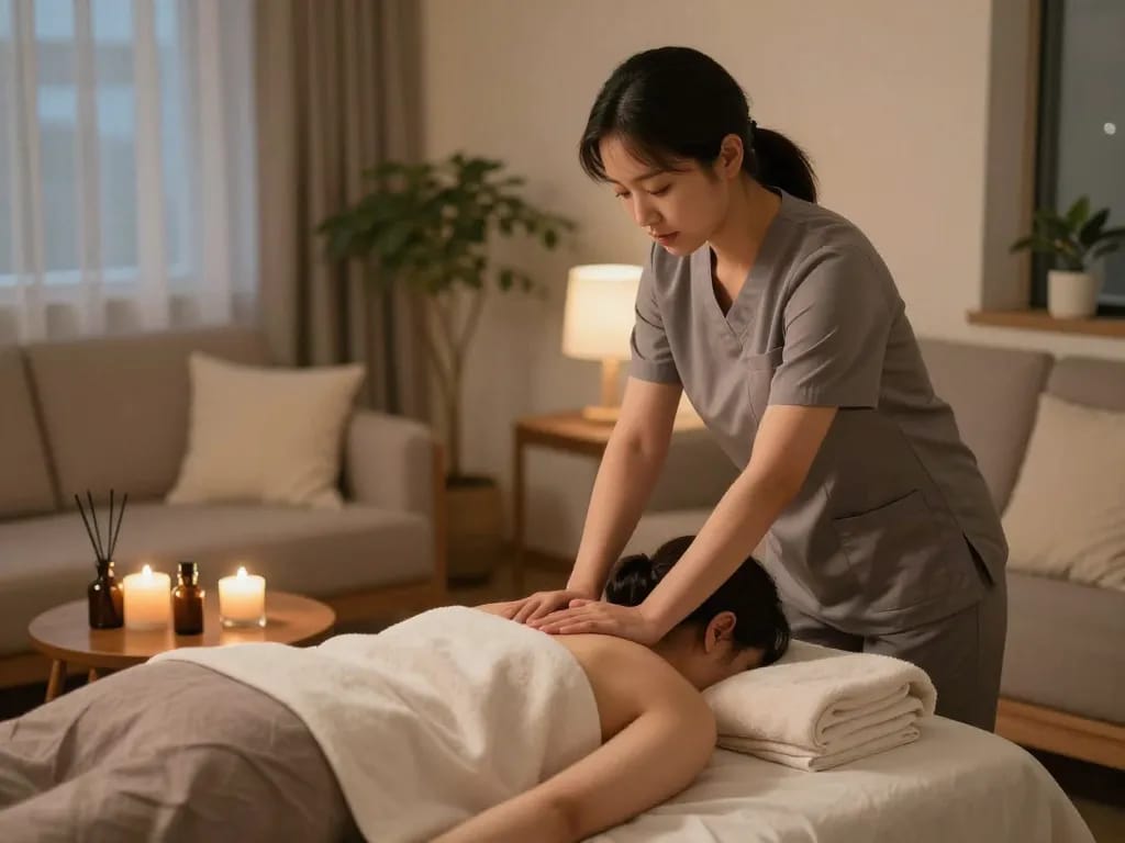 Professional 부천 출장마사지 session showcasing a therapist and client in a relaxing home setting.