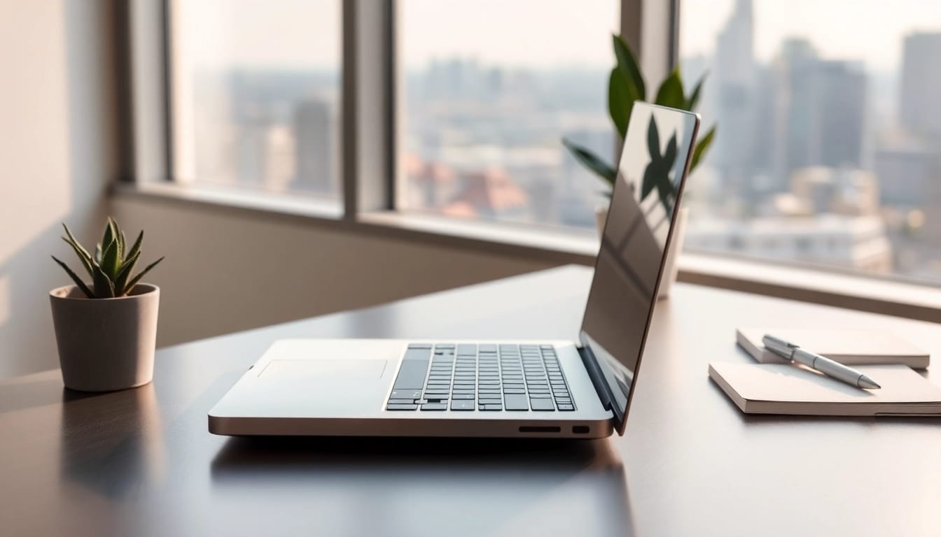 MacBook Air 13 pulgadas en un escritorio moderno, resalta su diseño elegante