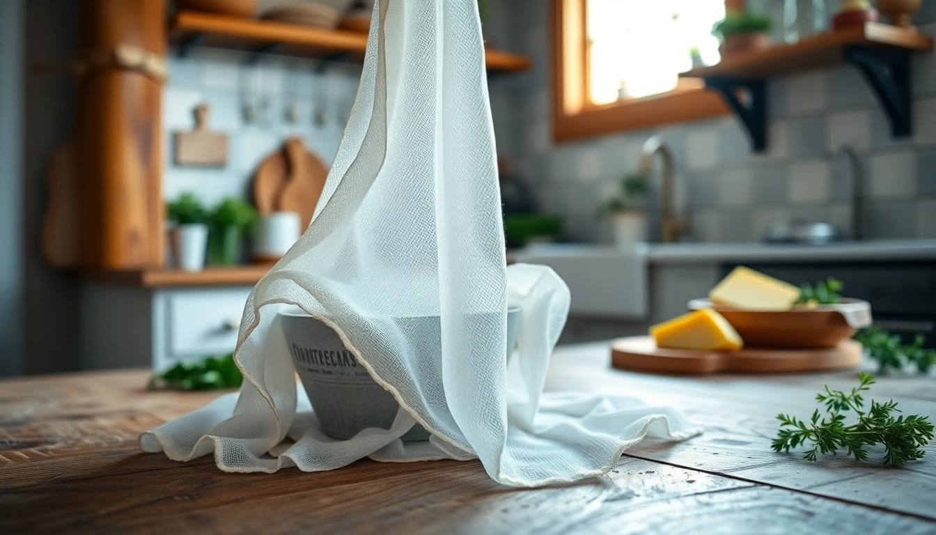 Kaasdoek gebruikt voor het maken van romige kazen in een gezellige keuken.