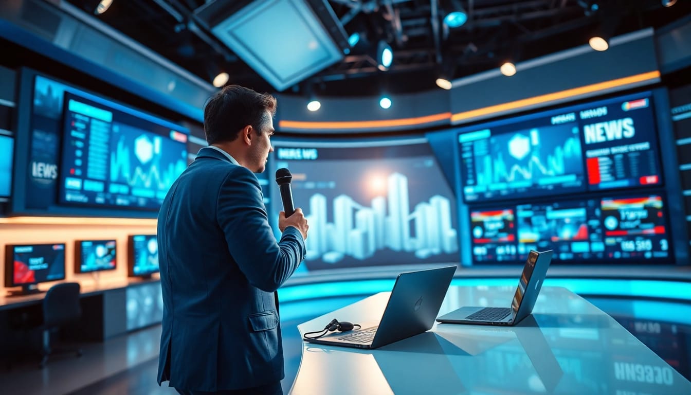 Cover live tech news coverage featuring a journalist in a modern studio.