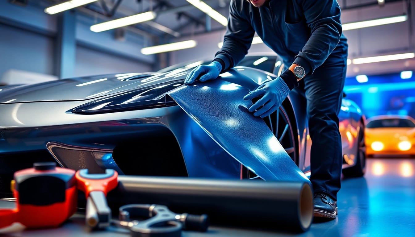 PPF installer in Fort Worth and surrounding areas carefully applying paint protection film on a luxury car.