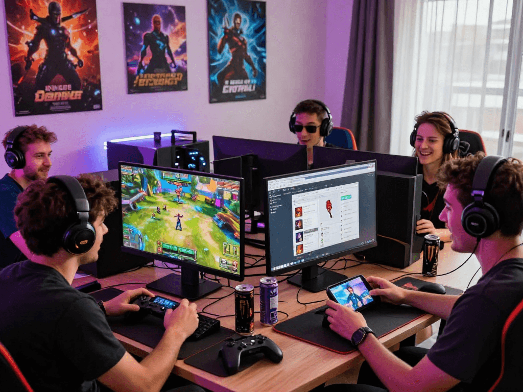 Engaged players exploring various adult games, showcasing vibrant gaming devices and interactive setups.