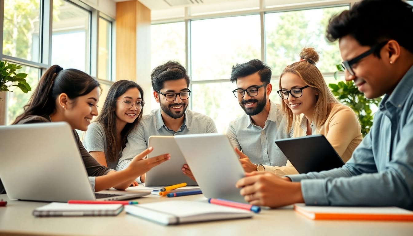 Engaged learners receiving online exams help in a bright study space with advanced technology.