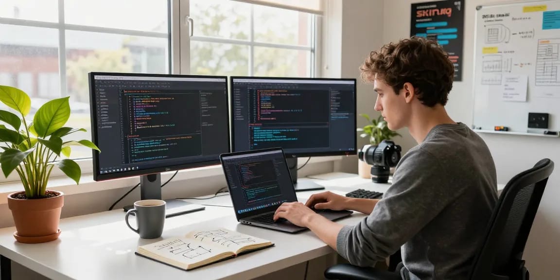 Developer showcasing openclaw skill setup in a vibrant tech workspace with multiple monitors and natural light.