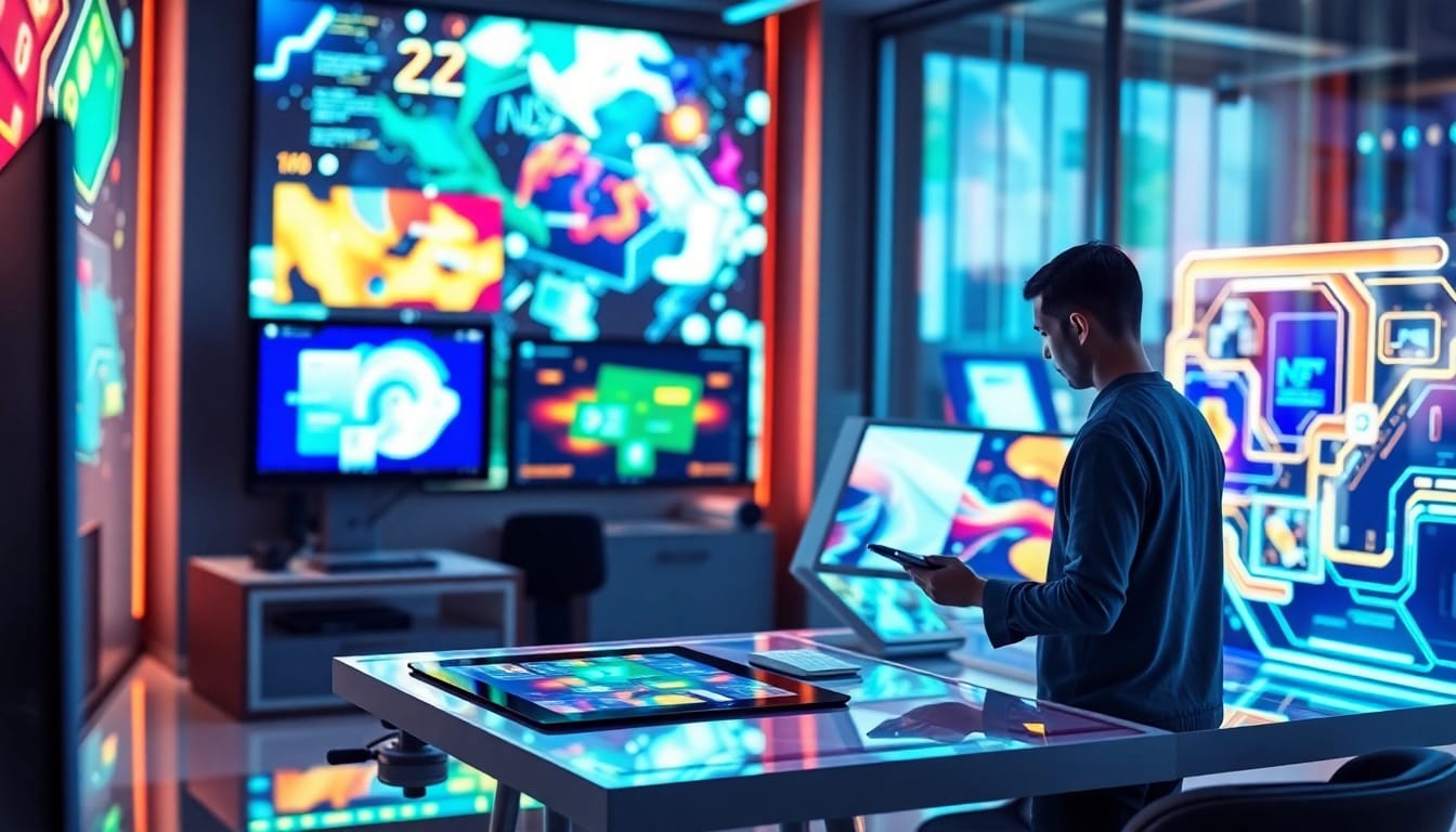 Artist using an image generator in a modern studio with vibrant digital displays.