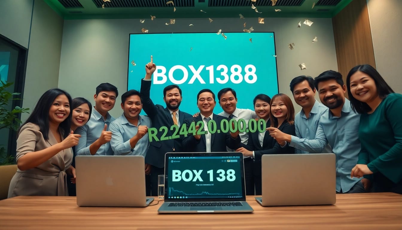 Successful business team celebrating a BOX138 financial withdrawal of Rp 2.424.000,00 in a modern office.