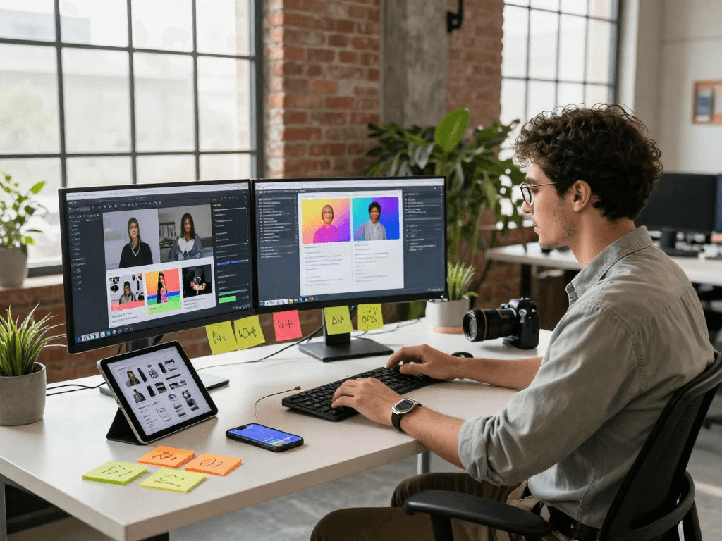 Youthful professional analyzing social media trends with 18+ ai in a modern workspace