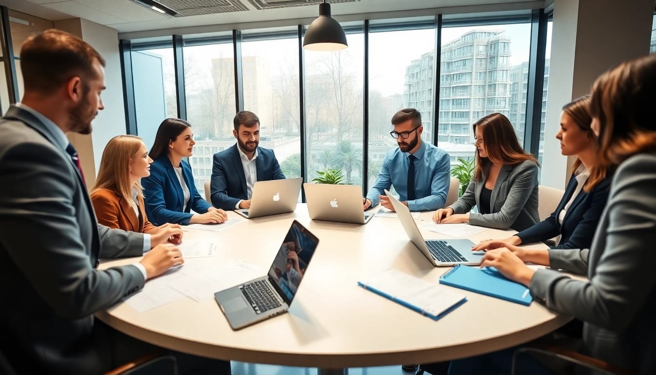 B2B mystery shopping scene with professionals collaborating and analyzing data in a modern office.