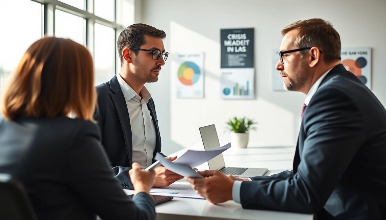 Dynamic consultation session with a crisis management consultant in a vibrant office.