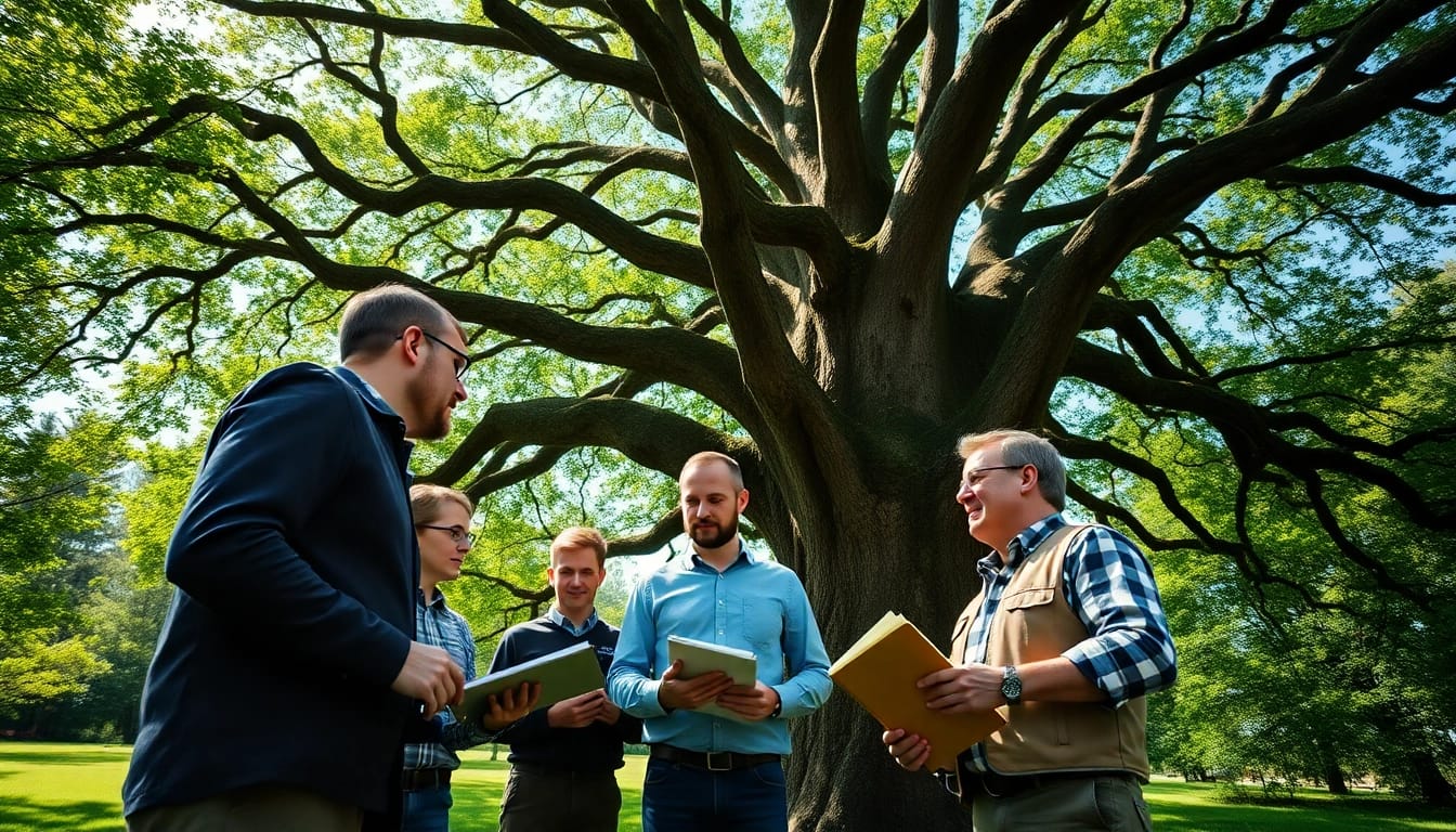 Tree Consultancy experts evaluating an oak tree in a park, emphasizing professionalism and care.