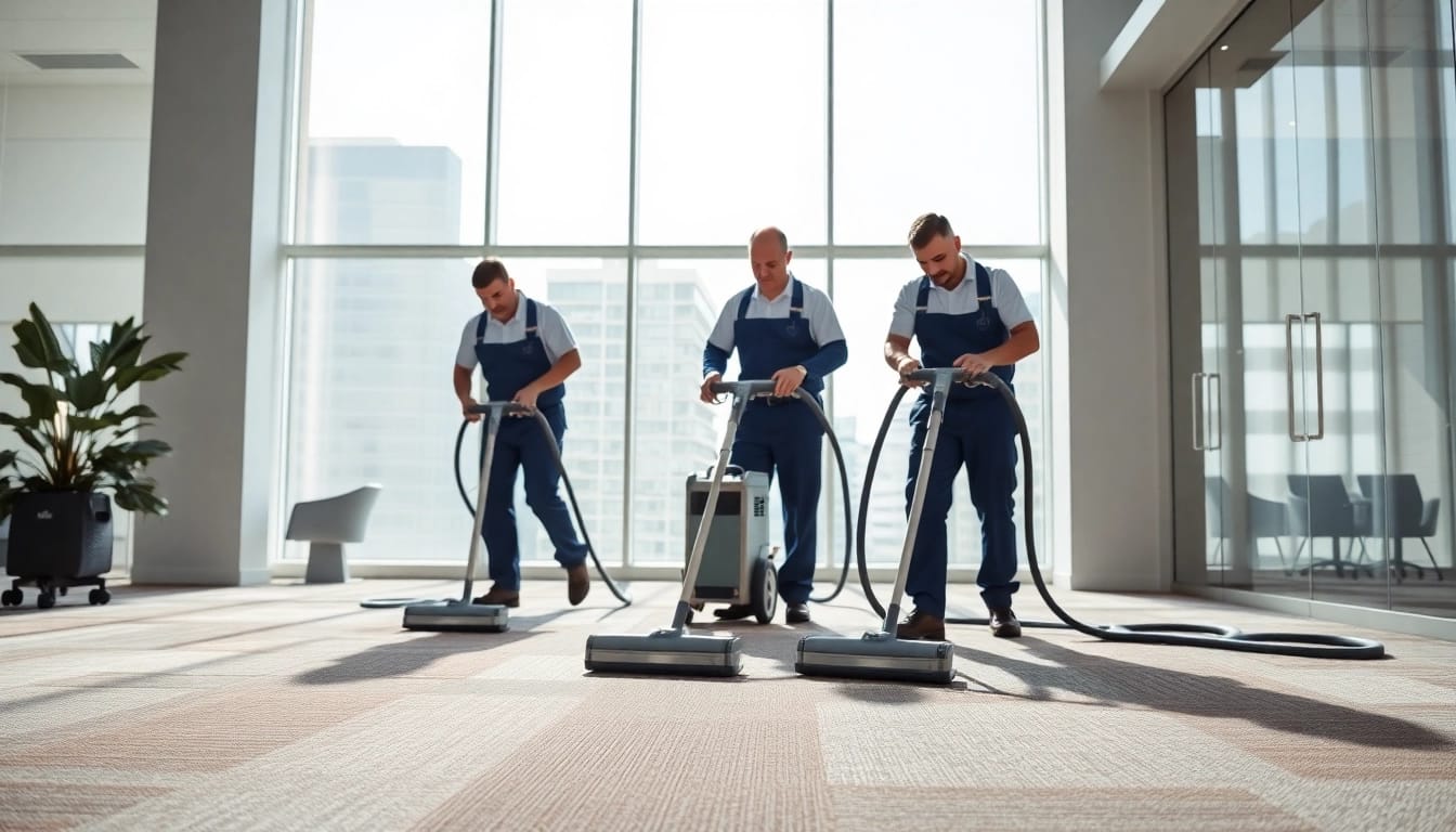 Technicians performing commercial carpet cleaning in a bright office space, demonstrating professionalism and efficiency.