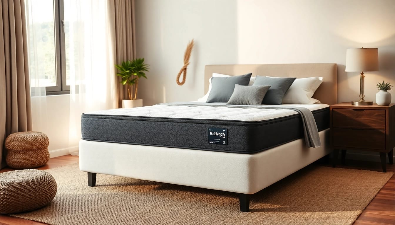 Showcase the low profile mattress box spring in a cozy bedroom setting with warm lighting.