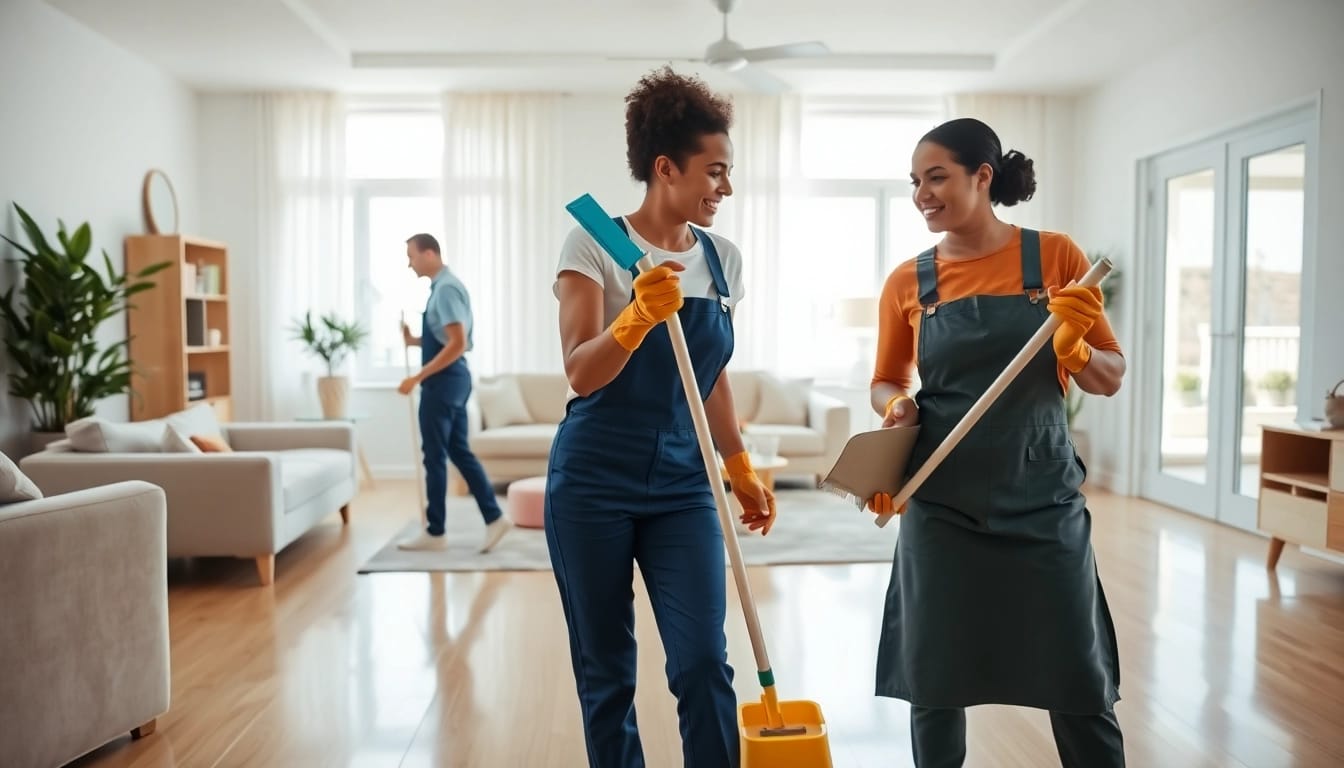 Cleaning Service professionals thoroughly cleaning a spacious living room with bright natural light.