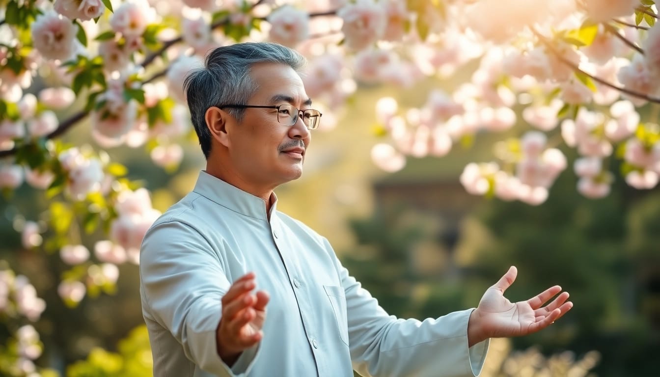 Menggambarkan Akupunktur dengan Qi Qong dalam sesi meditasi damai di taman yang tenang.