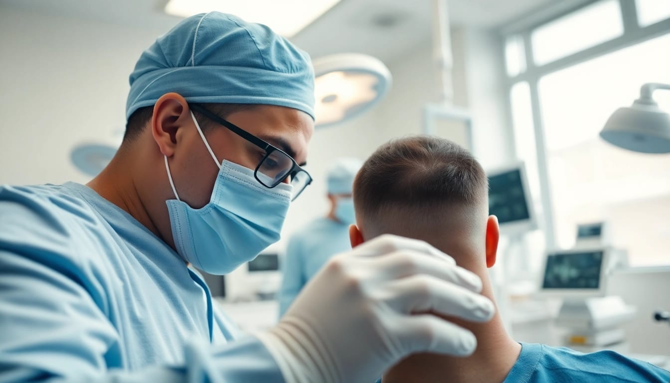 Experienced surgeon performing hair transplant turkey procedure with precision in a modern clinic.