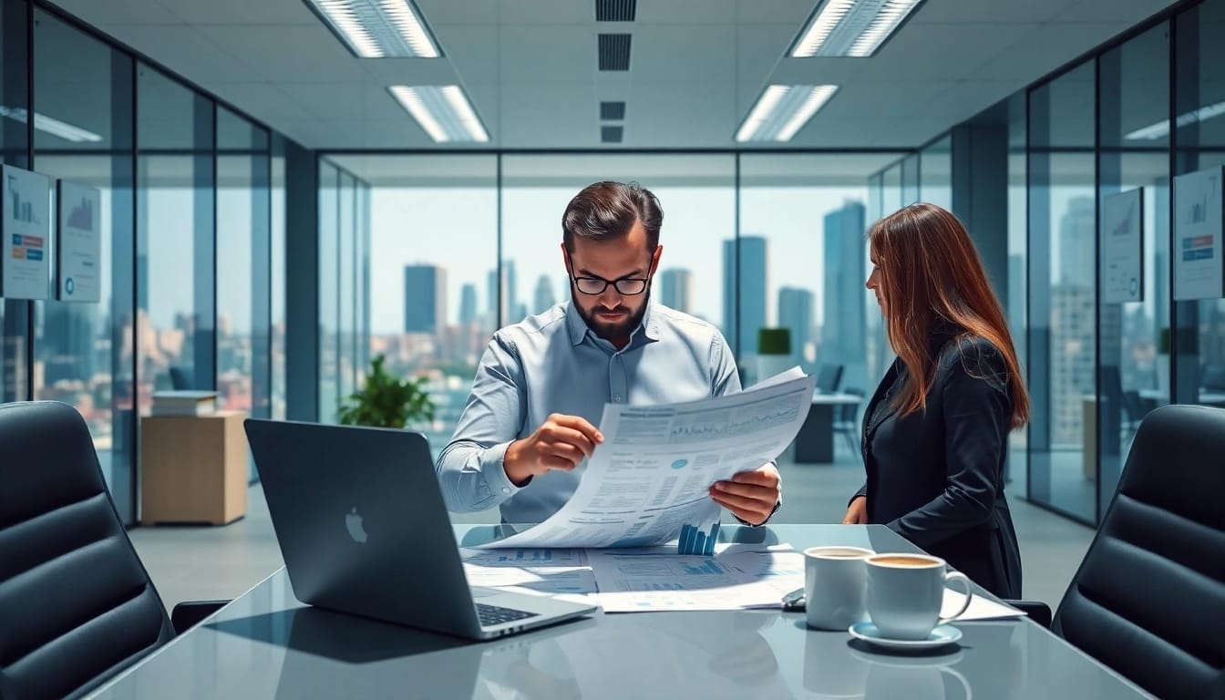Debt collection uk professional in an office reviewing financial documents with charts.
