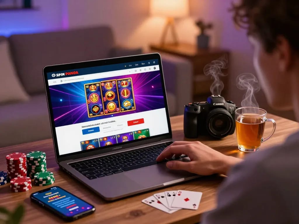spin panda casino login at cozy home with laptop and gaming elements