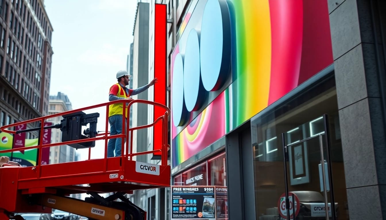 Experience professional sign installation with a team working on a storefront upgrade in an urban setting.