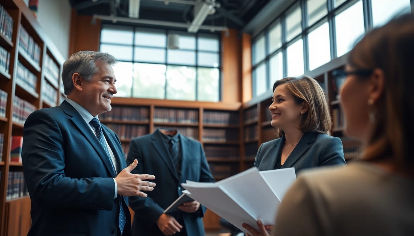 USA attorneys engaged in a courtroom strategy discussion, showcasing professionalism and focus.