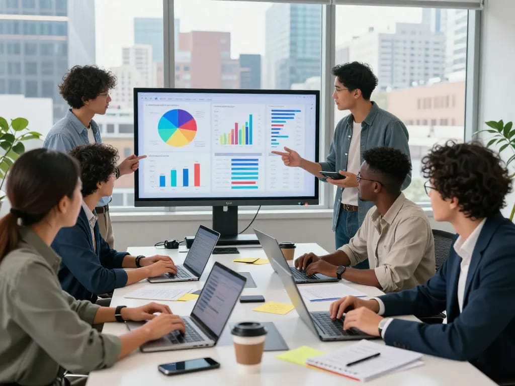 Dynamic teamwork in a modern NYC SEO Company office, showcasing collaboration and analysis.
