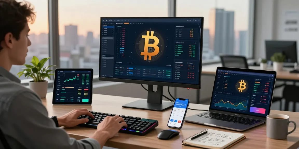 Dynamic trading workspace illustrating a bitcoin mining company environment with charts and crypto data.