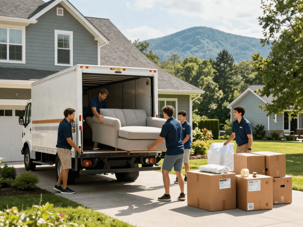Ashville moving company team efficiently loading furniture into a truck in a picturesque Asheville neighborhood, showcasing professionalism and teamwork.