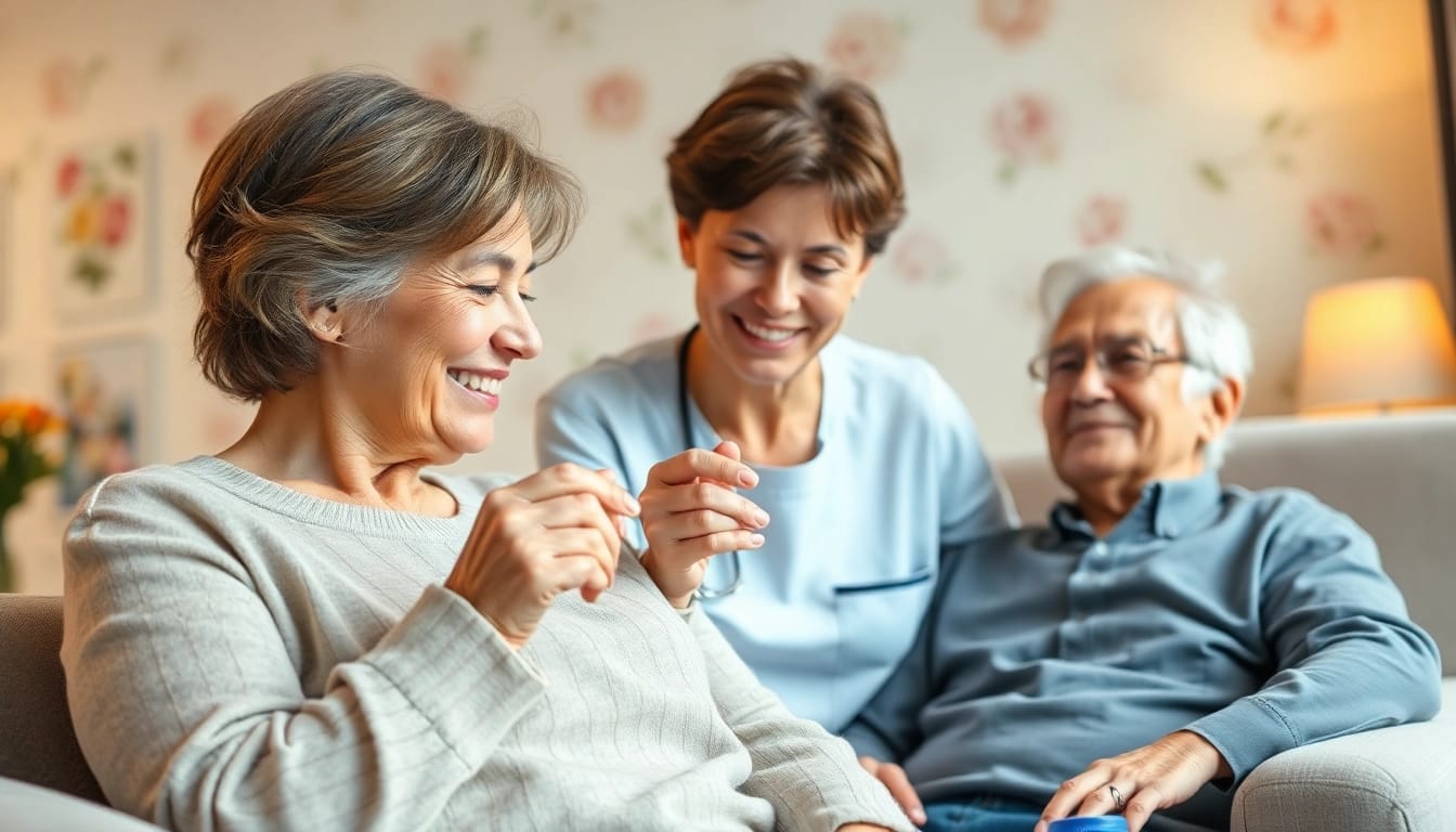 Care at home shown with a caregiver gently assisting an elderly man in a peaceful living room.