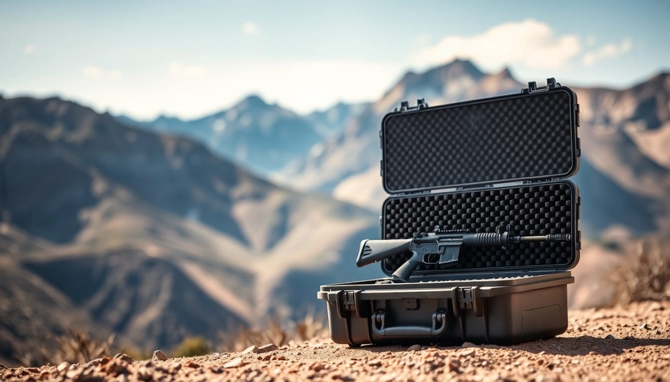 Showcase the pelican rifle case revealing its robust design and protective features in a natural setting.