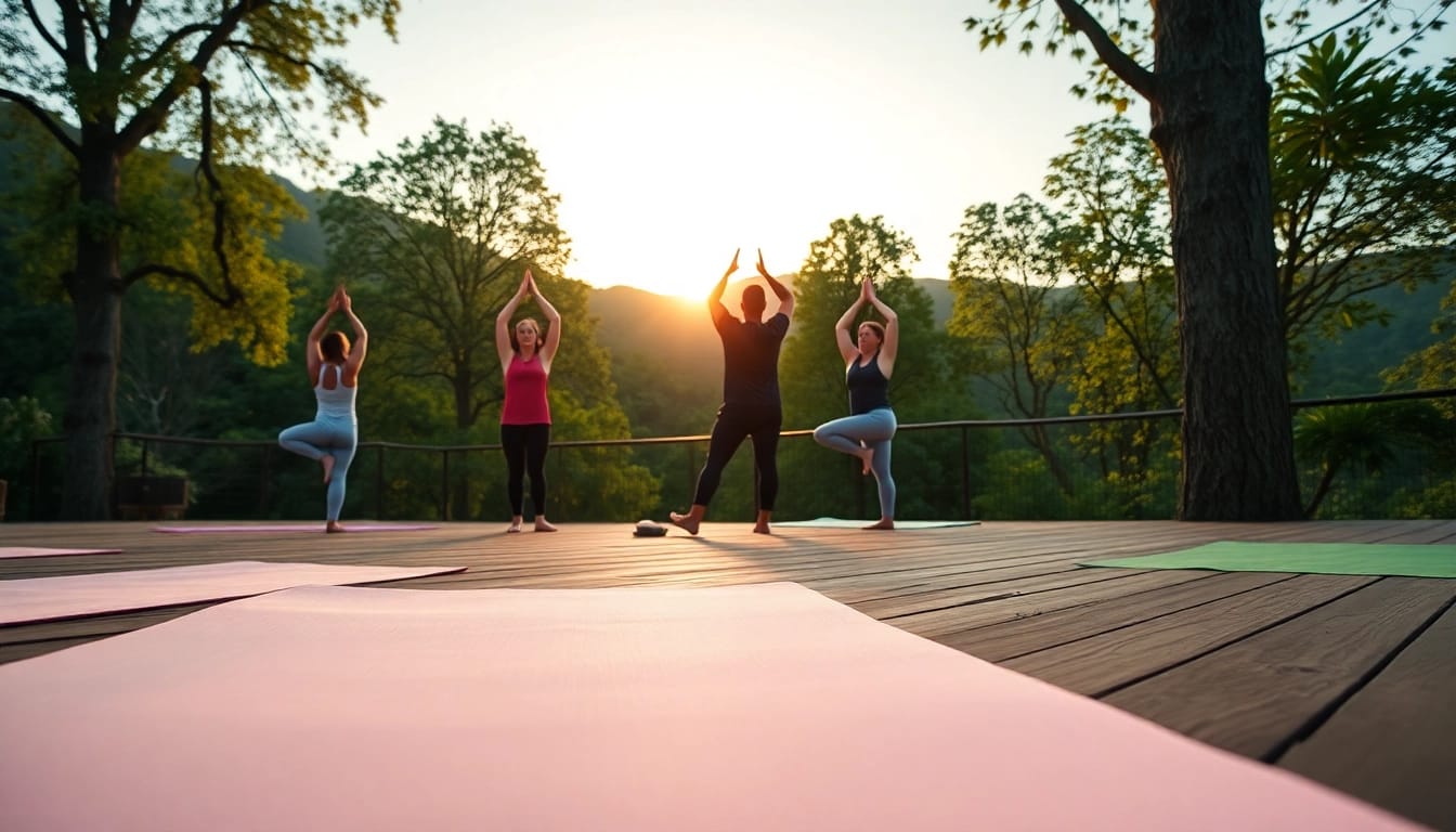 Experience tranquil wellness retreat with yoga at sunrise surrounded by lush nature.