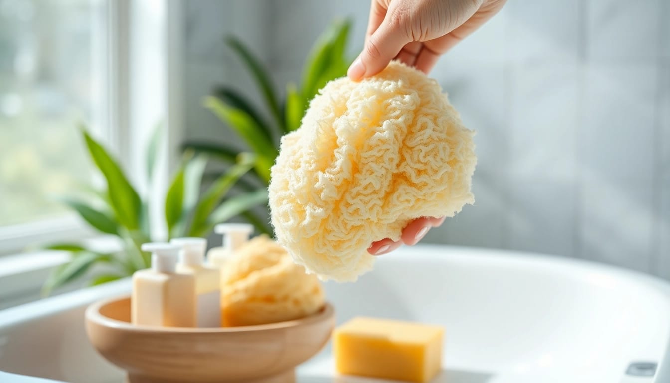 Learn how to clean a loofah effectively with a beautifully arranged cleaning scene.
