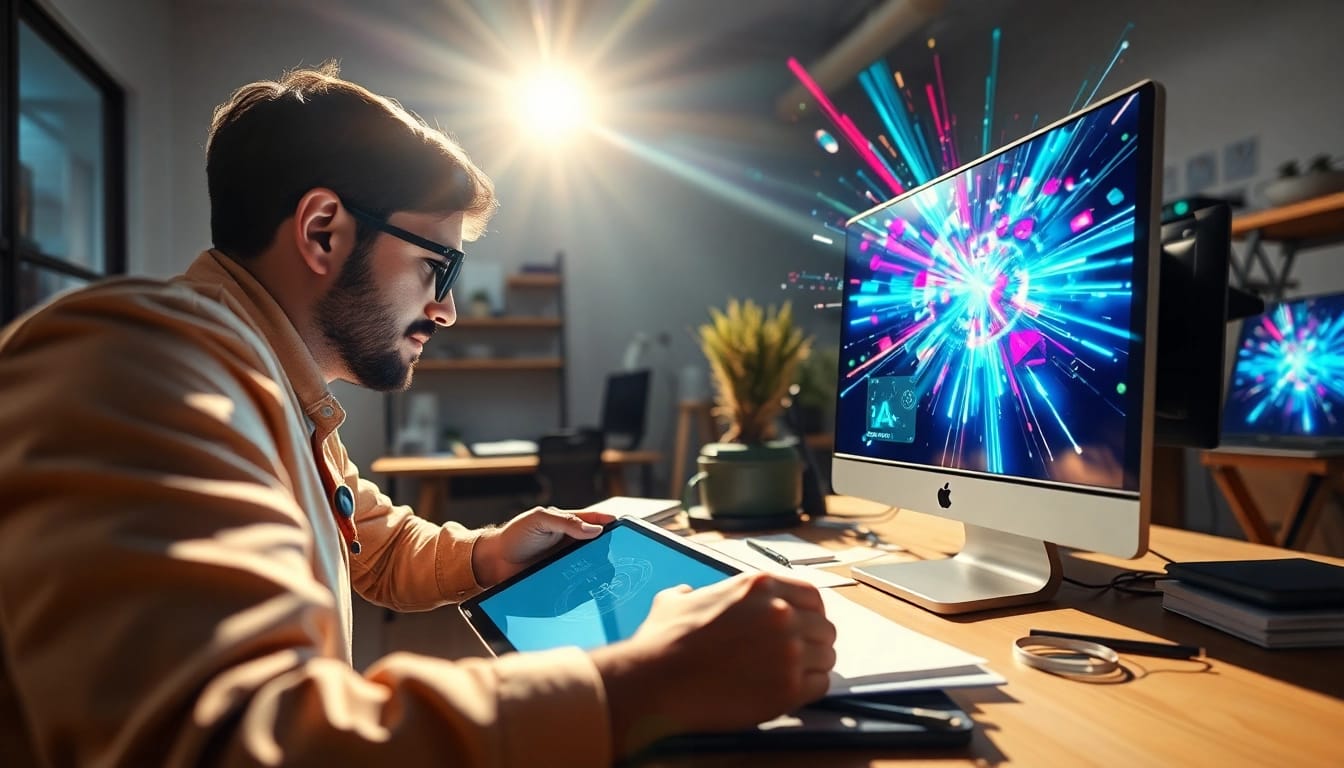 Creating stunning visuals of ar triggers in a vibrant digital studio environment.