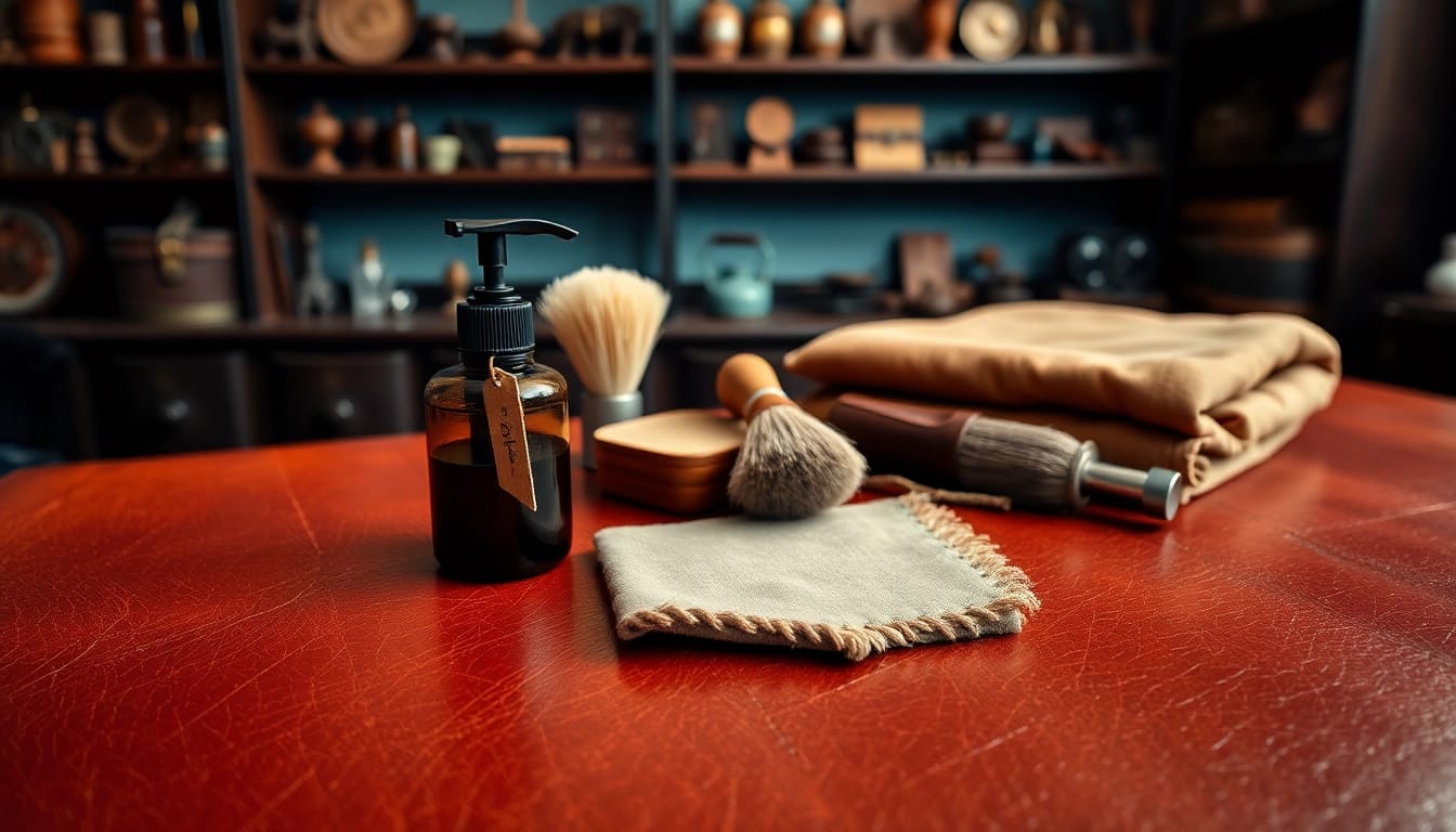 Museum-grade leather care products showcased on polished leather with antique tools and brushes.