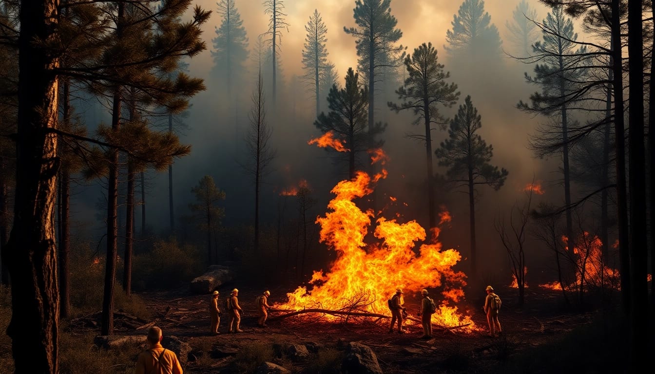 Visual representation of wildfire events showing a controlled burn with fire control teams in action.