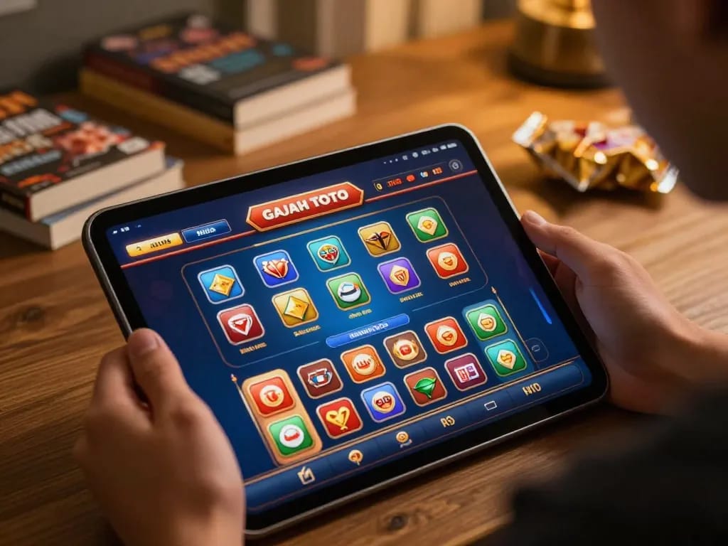 Engaging in Gajah Toto gaming on a tablet, showcasing a lively casino app environment with strategic gameplay