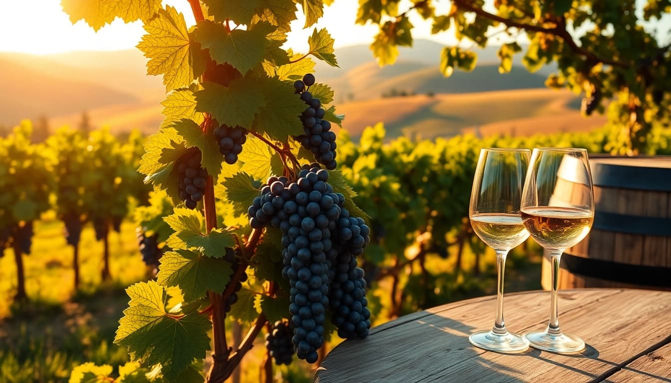 Experience Clarksburg wines in a vibrant vineyard landscape featuring ripe grapes and rustic elements.