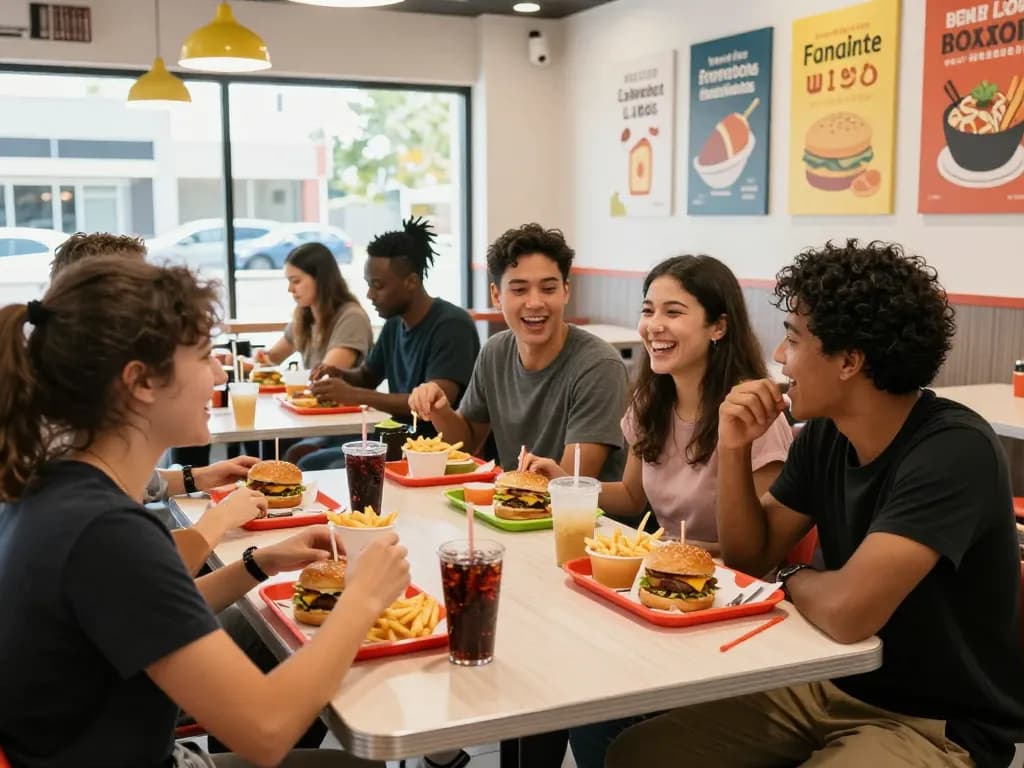 Fast food prices displayed at a lively restaurant where diners enjoy meals together.