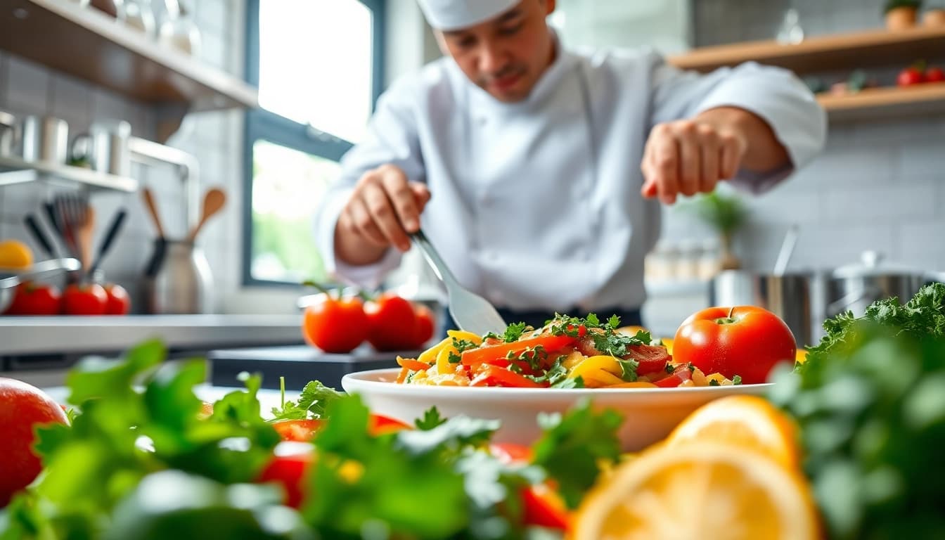 Engaging dishfacts culinary experience with a chef crafting a vibrant gourmet meal.