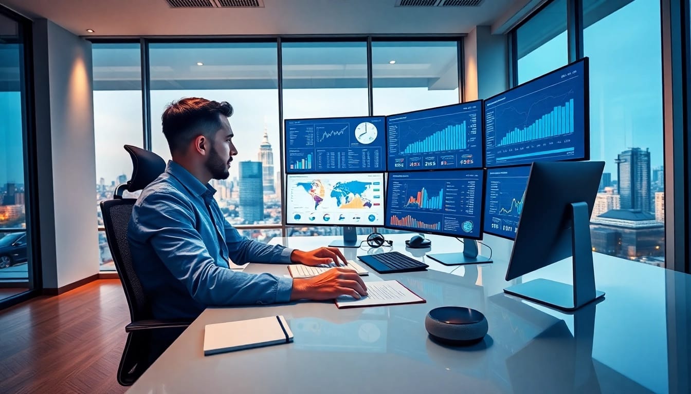 Analyze AI for competitive intelligence data with a business analyst in a modern office environment.
