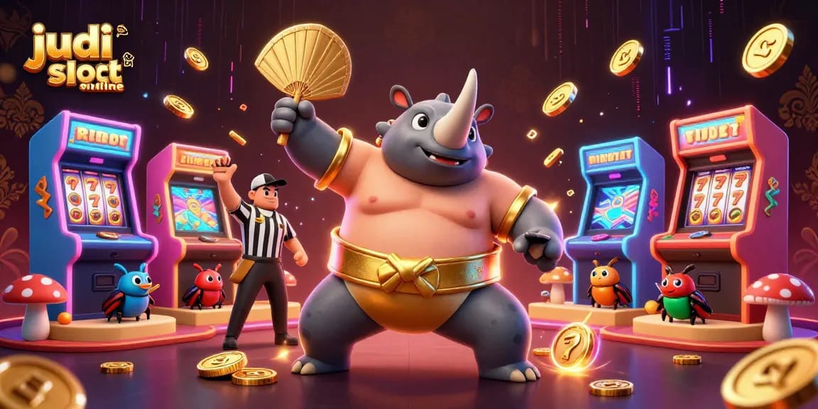 Experience electrifying judi slot online action with a rhinoceros beetle sumo champion amidst flying coins and glowing game elements.
