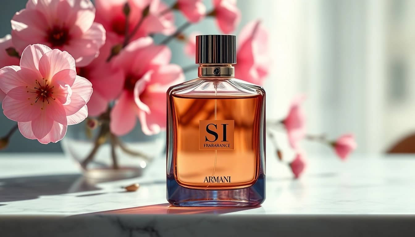 Experience the luxury of Armani si fragrance elegantly displayed with floral accents.