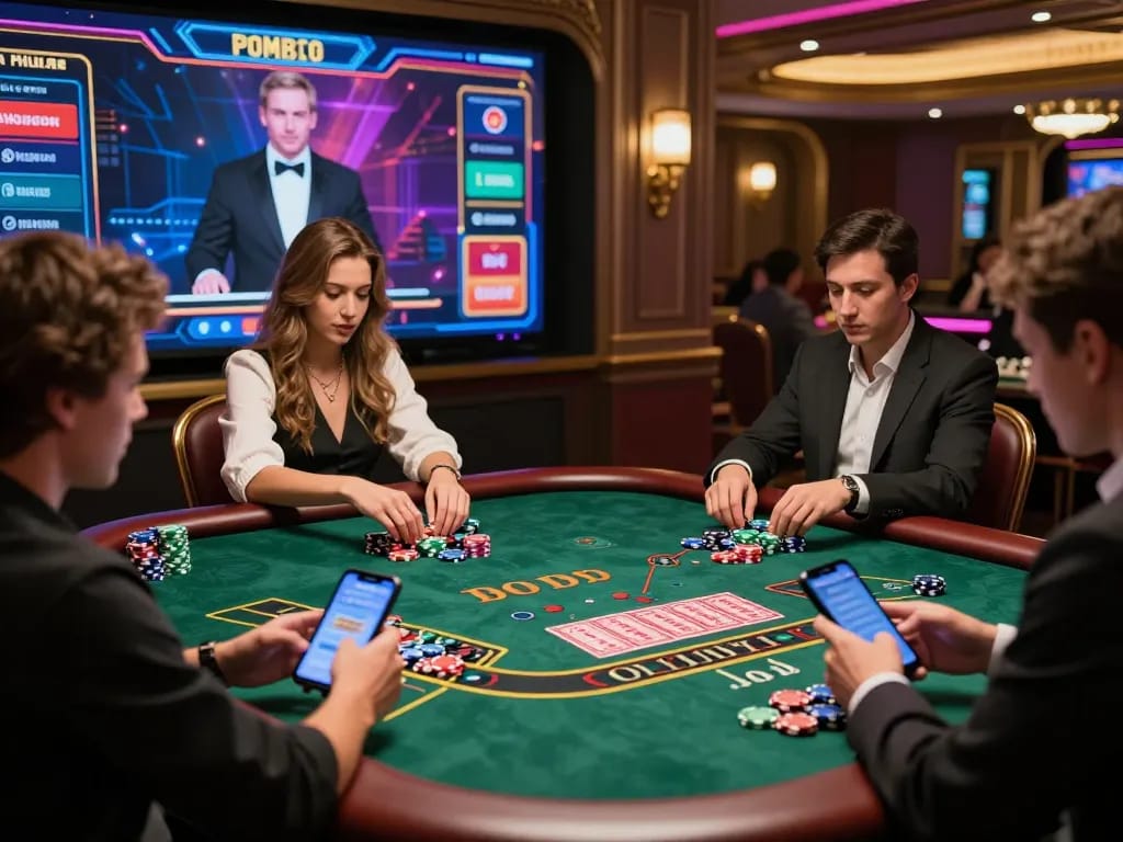 Players enjoying a thrilling game of 바카라사이트 in a stylish online casino environment with a live dealer.