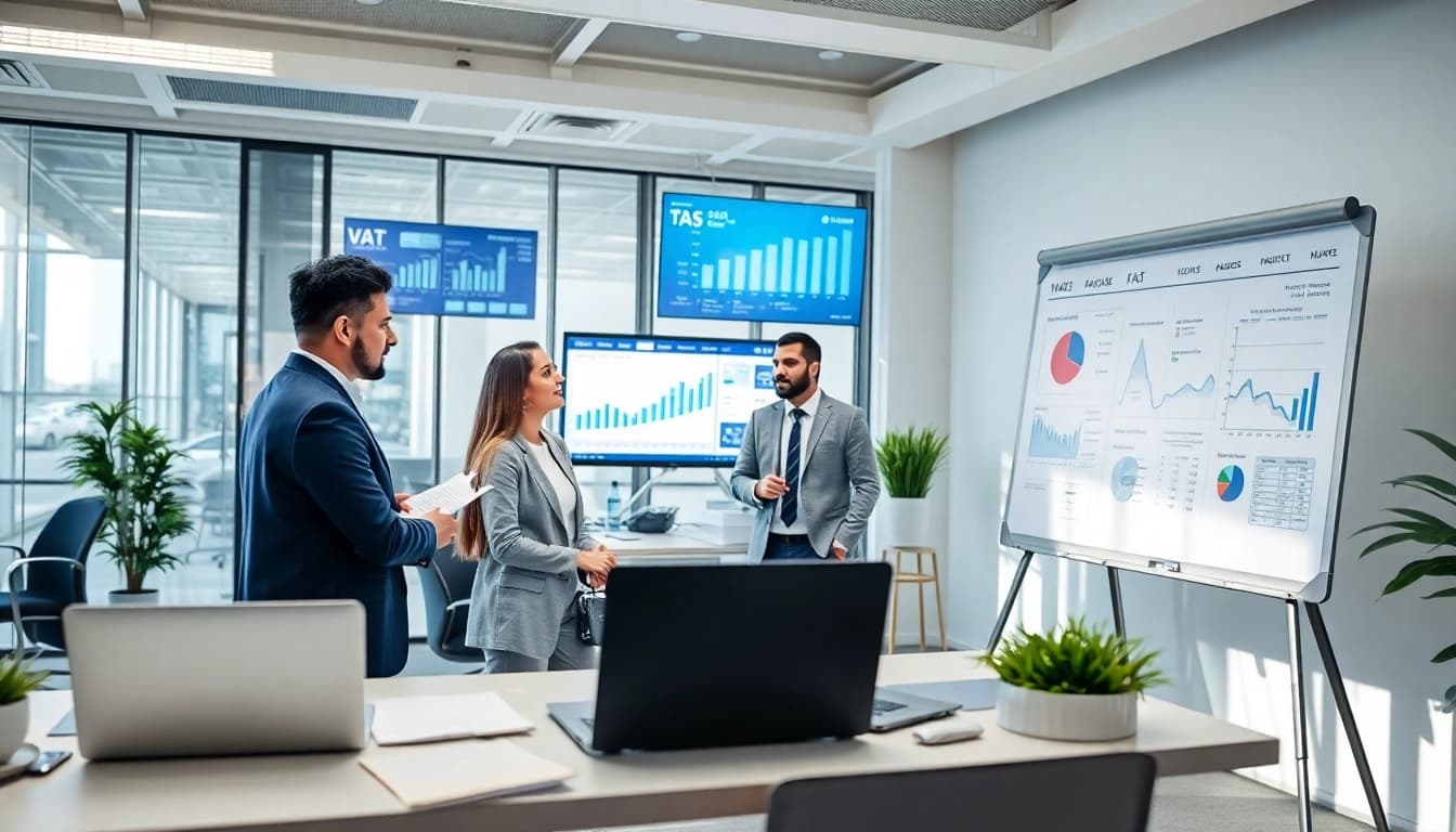 Professional setting showcasing VAT Services in UAE with business discussion and financial data.