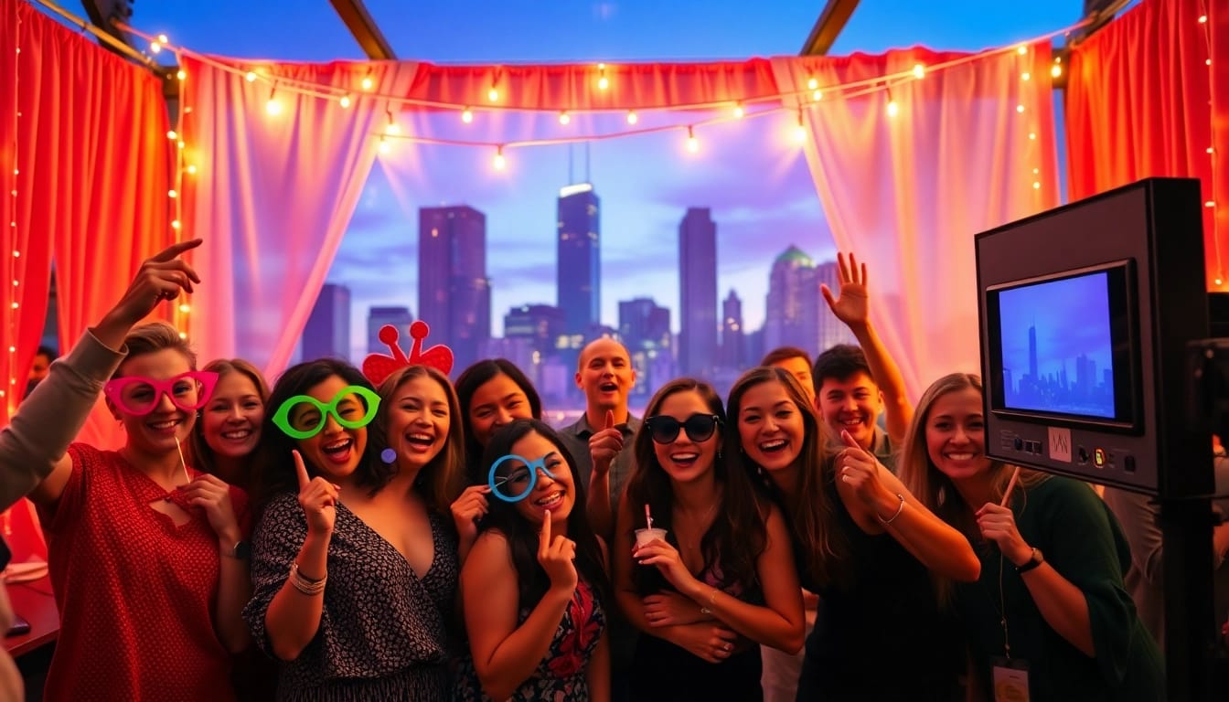Guests enjoying a photo booth Chicago experience with vibrant props and warm lighting.
