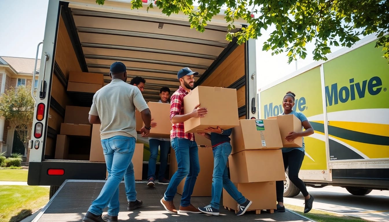 Movers loading boxes onto a truck in a sunny neighborhood, showcasing teamwork and professionalism.