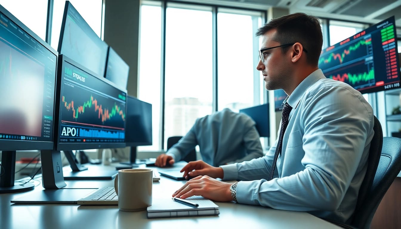 Monitor showing APO stock price trends amidst stock market analysis.