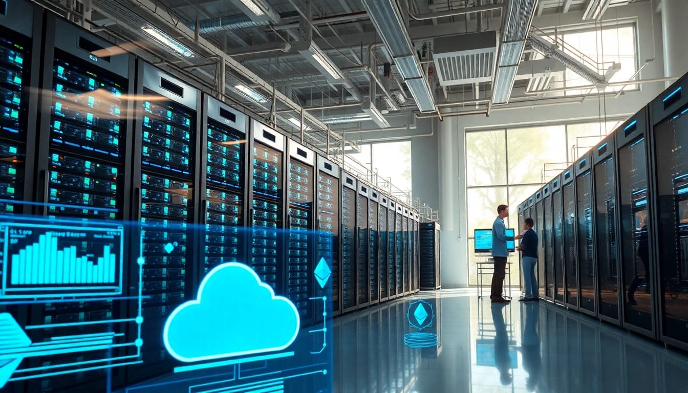 Cloud mining facility featuring advanced servers and analytics screens.