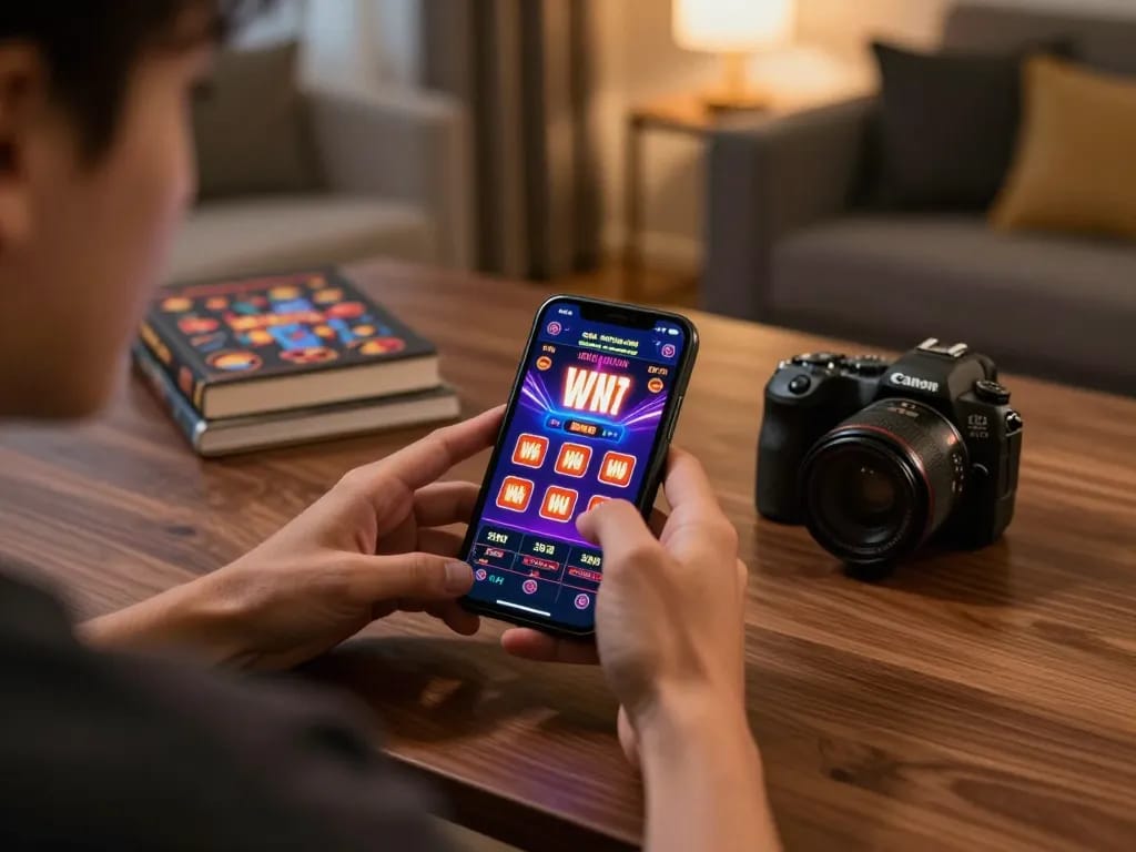 Engage with link slot gaming on smartphone in a stylish home setup.