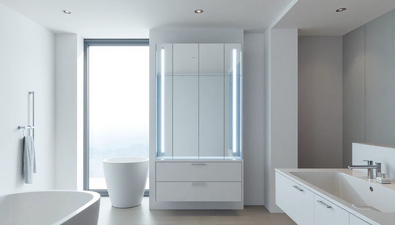 Eleganter sonni Spiegelschrank mit LED-Licht im modernen Badezimmer präsentiert.